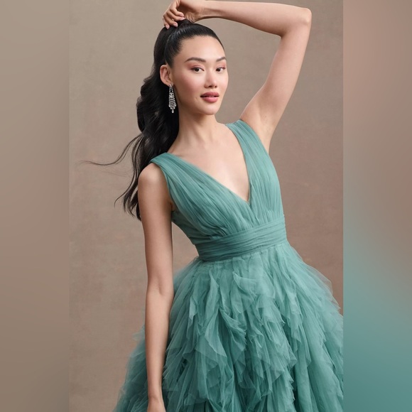 Anthropologie Mac Duggal A-Line Deep-V Ruffled Tulle Midi Dress - Picture 10 of 10